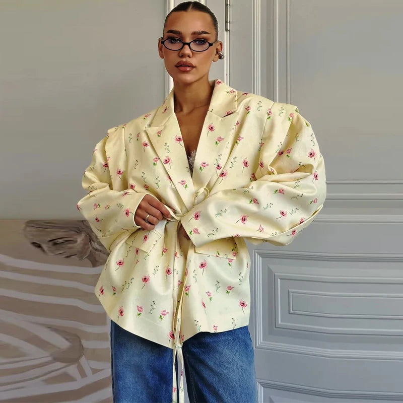 Lace Up Waist Cinched Suit Jacket Coat Blazer Shoulder Pad Strap Commuter Women Mid Length Overcoat Professional Formal Attire-belleandkai.com