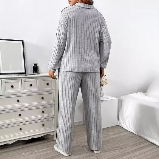 Women's Ribbed Sportswear Set Polo Lapel V-Neck Zipper Top Casual Solid Color Autumn and Winter Women 2 Piece Sets Women Outfit-belleandkai.com
