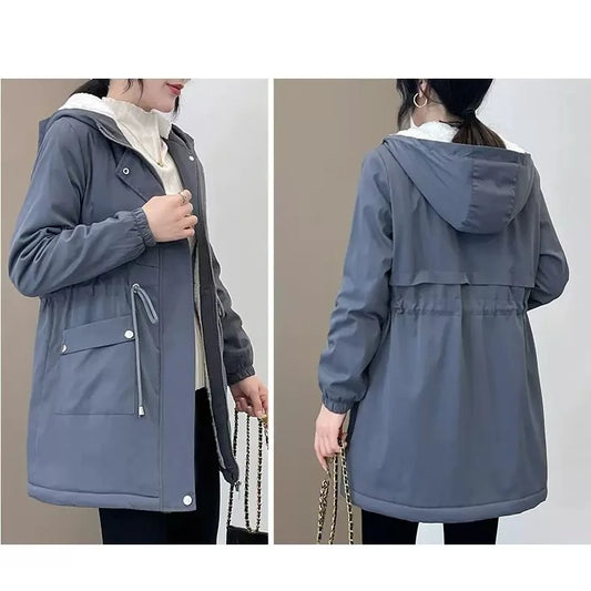 Women Windbreaker Jackets 2025 New Autumn Winter Mid-Length Loose Coat Hooded Lace-up Female Jacket Plus Velvet Warm Outwear Fe-belleandkai.com