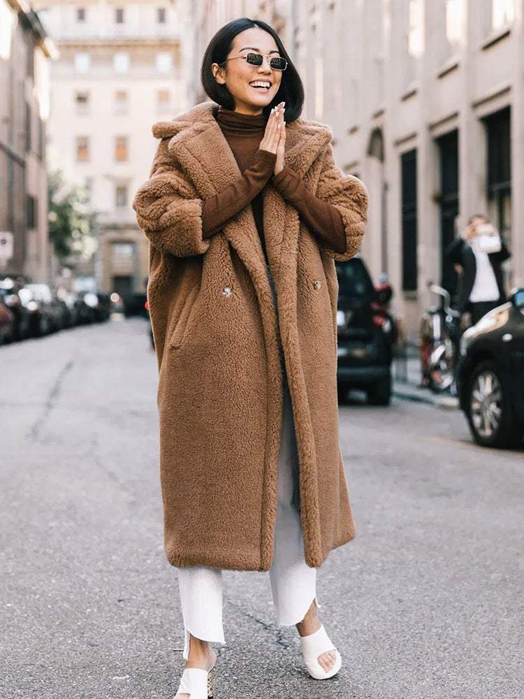 ZADORIN Winter Long Brown Teddy Coat Woman Oversized Lapel Lamb Fur Faux Fur Coat Chic Thick Warm Fur Jacket Woman Clothes Coats-belleandkai.com