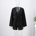 2025 Antumn Women's Outfits Solid Elastic Wide Shorts And Lace Up Tassels V-neck Full Sleeves Shirt Female High Street New Suits-belleandkai.com
