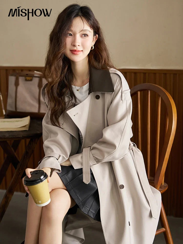 Women's Trench  Detachable Double Layer Leather Collar Solid Loose Double Breasted  A-LINE Coats-belleandkai.com