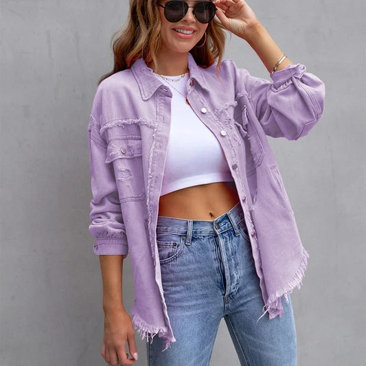 Fashion Broken Holes Solid Color Denim Jacket Ladies Comfortable Casual Loose Button Cardigan Coat Streetwear Women's Outerwear-belleandkai.com