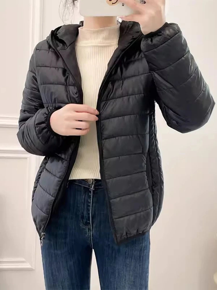 Minimalist Light Weight Women Down Cotton Jackets 2024 New Winter Korean Style Hooded Quilted Parkas Female Windbreaker Outwear-belleandkai.com