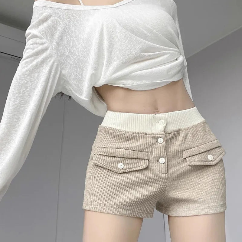 Patchwork Gradient Color Knitting Thin Cargo Women Summer Simplicity Office Lady Wide Leg Fashion Appear Thin Casual Shorts-belleandkai.com