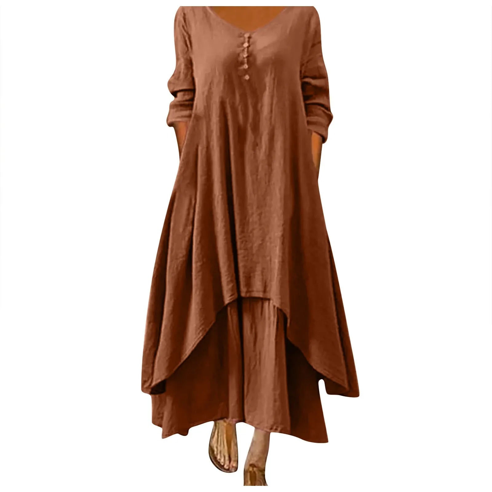 Cotton Women'S Casual Fashion Loose Long Dress With Button Solid Color Dresses-belleandkai.com