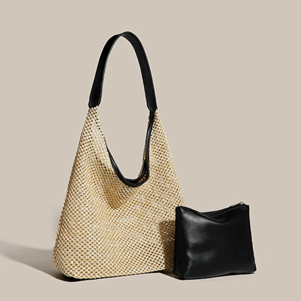 Straw Tote Bag for Women Large Capacity Woven Shoulder Bag with PU Purse Beach Summer Bag Clutch Purse for Vacation Travel-belleandkai.com