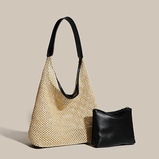 Straw Tote Bag for Women Large Capacity Woven Shoulder Bag with PU Purse Beach Summer Bag Clutch Purse for Vacation Travel-belleandkai.com