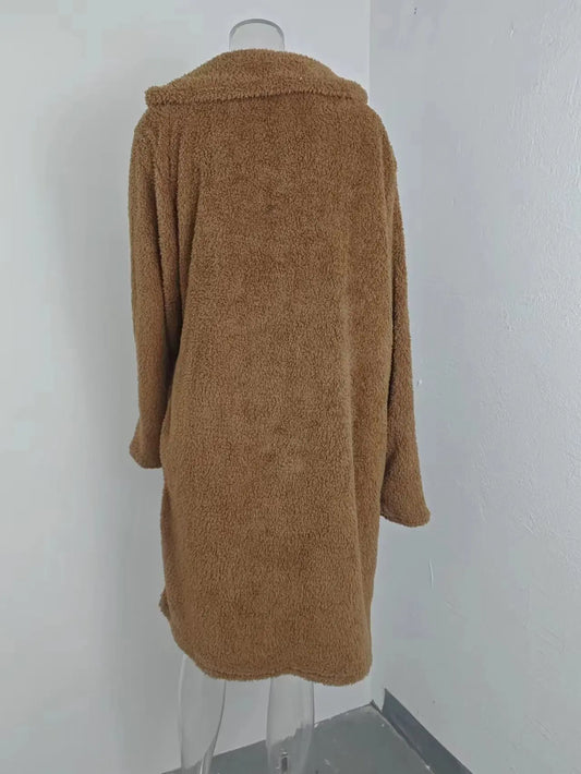 Autumn and winter cross-border women's clothing hot item: furry long sleeved lapel women's plush top long coat-belleandkai.com