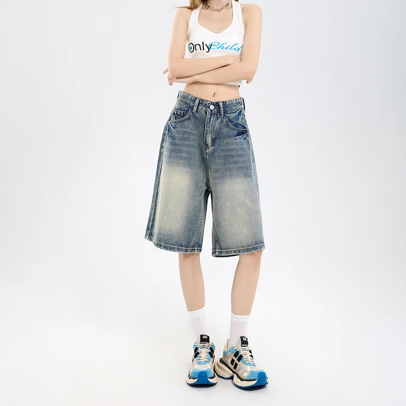 2025 Korean Street Casual Y2K Loose Wide-leg Denim Shorts Five-point Baggy Jeans Women's All-match Straight Summer Hot Shorts-belleandkai.com