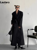Lautaro Spring Autumn Long Grey Black Trench Coat for Women Double Breasted Loose Casual Korean Fashion Clothing Blazer 2023-belleandkai.com