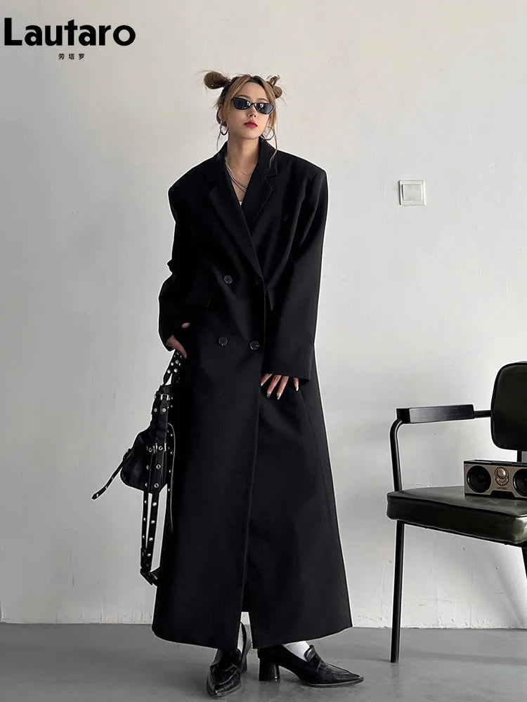 Lautaro Spring Autumn Long Grey Black Trench Coat for Women Double Breasted Loose Casual Korean Fashion Clothing Blazer 2023-belleandkai.com