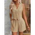 New Arrival Linen Summer Casual Commute Front Button Vest And Shorts Set V Neck Vest Autumn Clothing Women's Fashion Outfit-belleandkai.com
