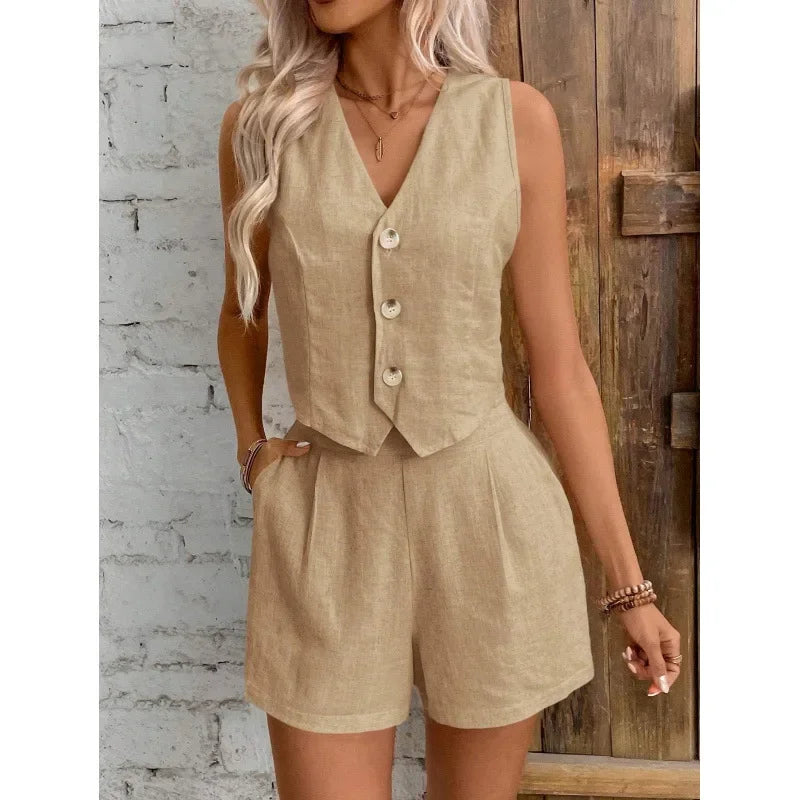New Arrival Linen Summer Casual Commute Front Button Vest And Shorts Set V Neck Vest Autumn Clothing Women's Fashion Outfit-belleandkai.com