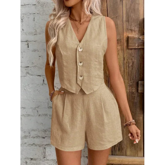 New Arrival Linen Summer Casual Commute Front Button Vest And Shorts Set V Neck Vest Autumn Clothing Women's Fashion Outfit-belleandkai.com