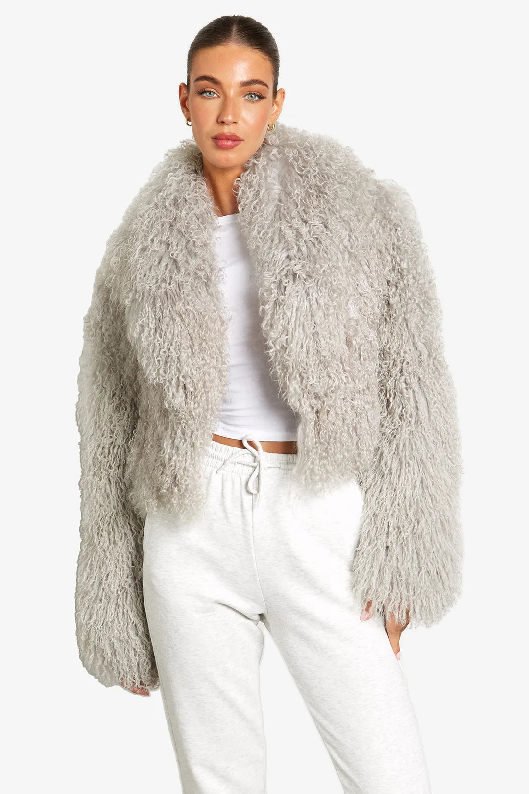 Women's Light gray Mongolian Fur Jacket – Real Sheepskin, Fluffy Short Coat, Winter Fashion Outerwear for Elegant Look-belleandkai.com