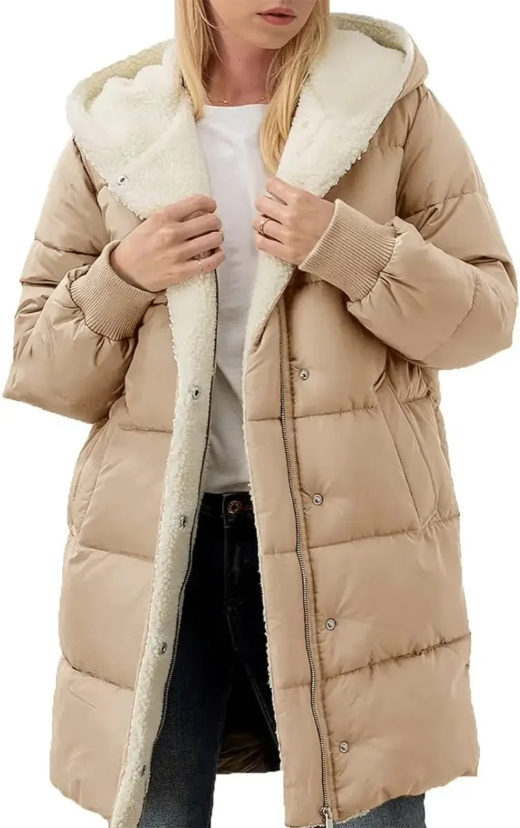 Womens Winter Warm Coats Sherpa Fleece Lined Long Hooded Puffer Jacket-belleandkai.com