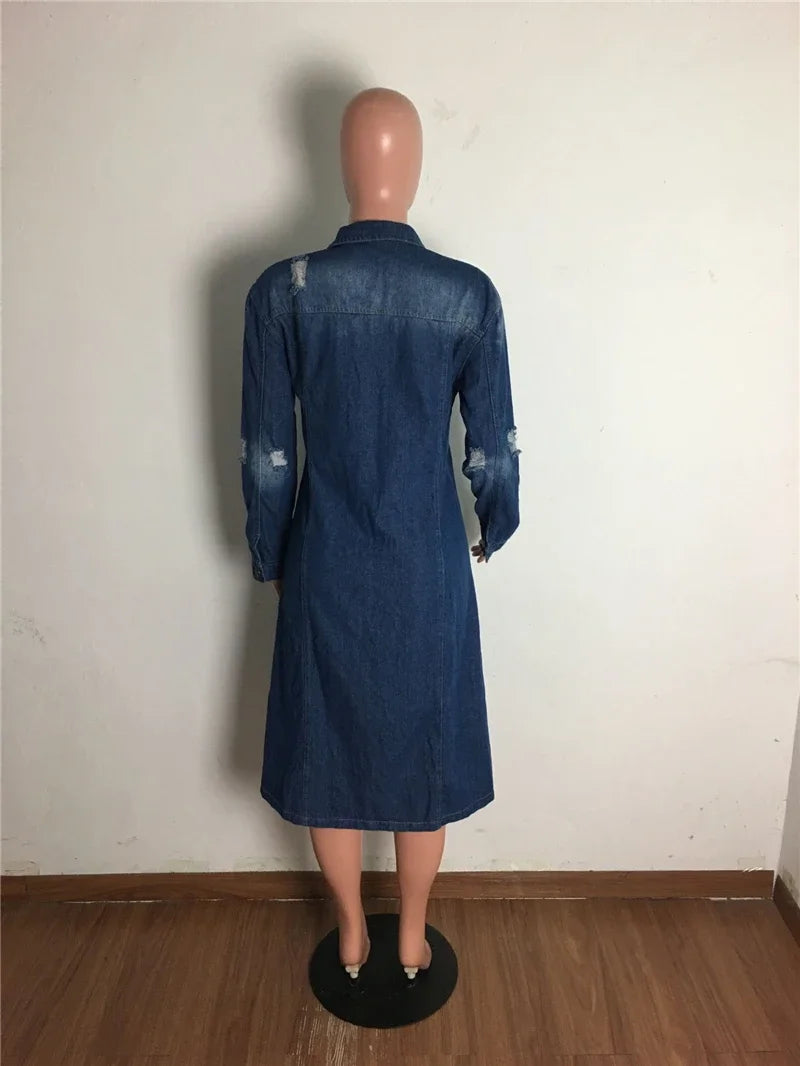 New Arrival Fashion Hole Cotton Autnmn Winter Long Denim Jacket 2023 Trench Coat Cardigan Jeans Cape Women Long Sleeve Jean Coat-belleandkai.com
