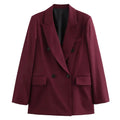 TRAFZA Vintage Woman Burgundy Red Blazer lapel Double Breasted Long Sleeve Suit Coat Women's 2024 Autumn Office Lady Outwear-belleandkai.com