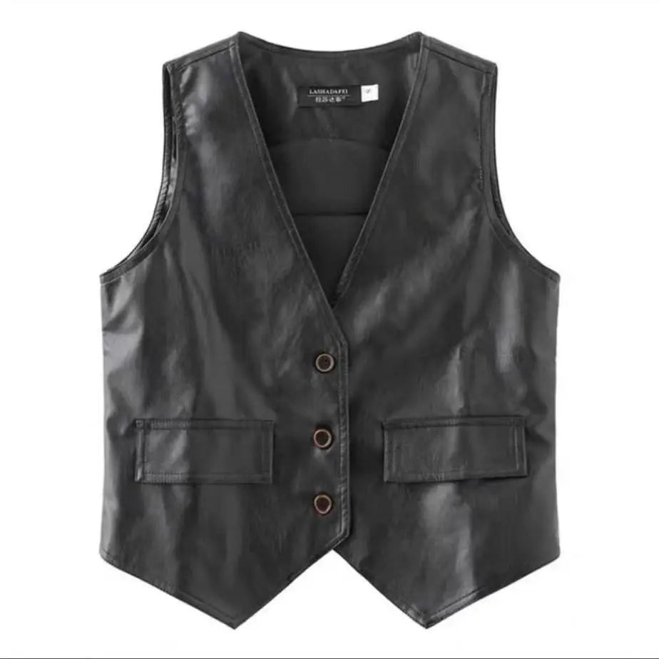 PU Punk V-neck Leather Vest Women Fashion Cropped Streetwear Tank Top Vest Leather Vintage Casual Sleeveless Leather Outerwear-belleandkai.com
