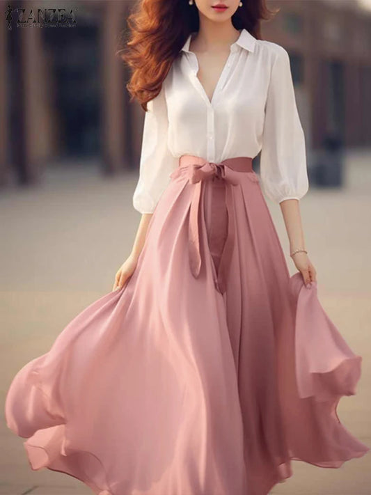ZANZEA Holiday Office Chiffon Dress Women Colorblock Maxi Dresses Vintage V-neck Vestidos 2025 Summer Belted Waisted Swing Robe-belleandkai.com