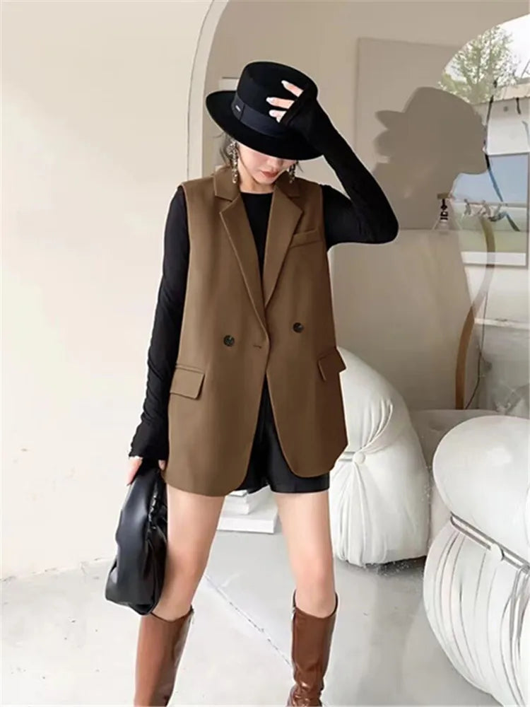 Vintage Sleeveless Blazer Vest Fashion OL Casual Lapel Suit Blazer 2025 Summer Women Office Double Breasted Suit Coats-belleandkai.com