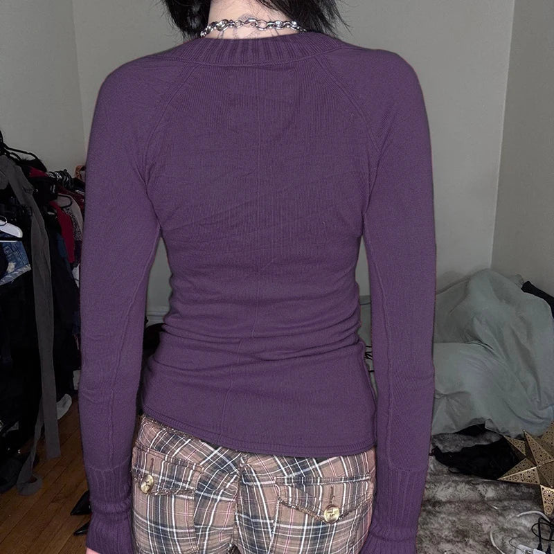 IAMHOTTY Basic Sweater Pullover Purple Solid Color Slim-fitting V-neck Knitted Top Fall Winter Retro Knitwear Casual Streetwear-belleandkai.com