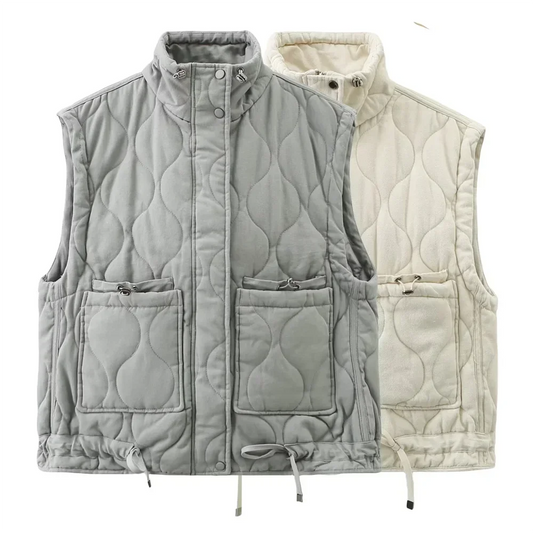 New women's versatile sleeveless stand up collar pocket decoration vest cotton vest loose shoulder jacket-belleandkai.com