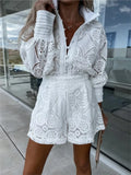Vintage White Lace Shirt Shorts Sets Women Spring Summer Long Sleeve Button Top Shorts 2 Piece Set Elegant Party Outfits Femme-belleandkai.com