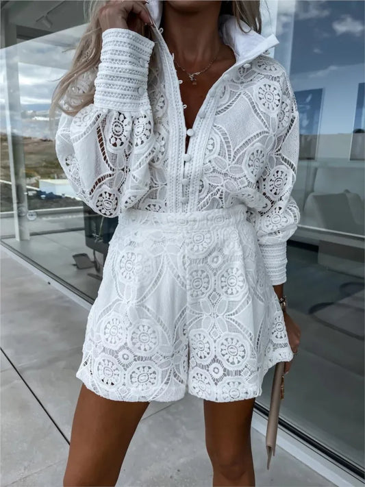Vintage White Lace Shirt Shorts Sets Women Spring Summer Long Sleeve Button Top Shorts 2 Piece Set Elegant Party Outfits Femme-belleandkai.com