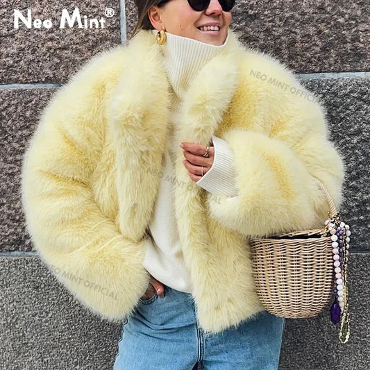 Neo Mint 2024 Winter Women Yellow Faux Fur Jacket Chic Girls Fashion Streetwear Thicken Warm Stand Collar Fox Fur Coat Outerwear-belleandkai.com