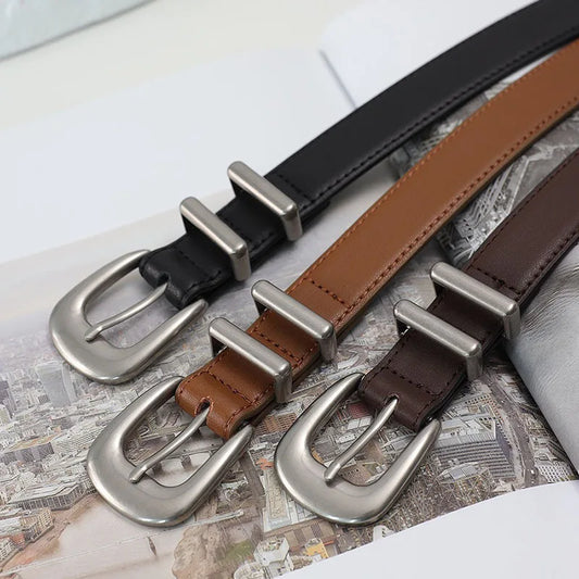 Maikun New Vintage Ladies Leather Belt Simple All-Match Silver Buckle Decorative Belt For Women-belleandkai.com