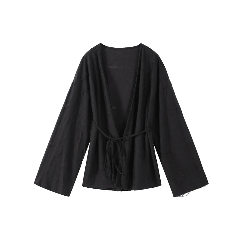 2025 Antumn Women's Outfits Solid Elastic Wide Shorts And Lace Up Tassels V-neck Full Sleeves Shirt Female High Street New Suits-belleandkai.com