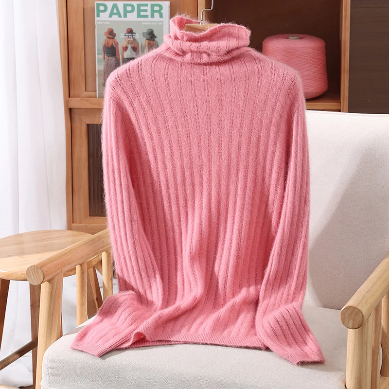 Autumn Winter Solid Color Mink Fur Women's Pile Neck Hollowed Out Slim Fit Knitted Sweater, High Neck Base Pullover, Stylish New-belleandkai.com