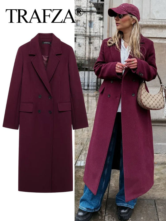 TRAFZA 2025 Fashion Women Burgundy Woolen Coat Double Breasted Long Sleeve Lapel Blends Jacket Female Autumn Winter Windbreaker-belleandkai.com