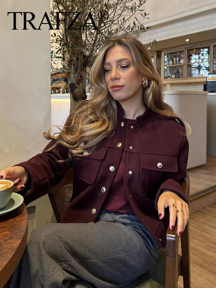 Women Vintage Wine Red Coat O Neck Long Sleeve Single Breasted Jacket With Pockets Autumn Casual Office Lady Outerwear-belleandkai.com