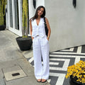 2025 New Summer Two Piece Sets Fashion Women Single Breasted Sleeveless Vest Wide Leg Pant Suit Casual Solid Office Lady Outfits-belleandkai.com