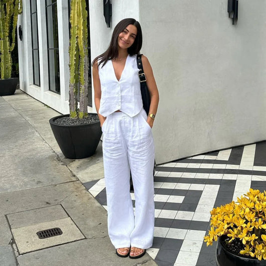 2025 New Summer Two Piece Sets Fashion Women Single Breasted Sleeveless Vest Wide Leg Pant Suit Casual Solid Office Lady Outfits-belleandkai.com