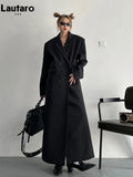 Lautaro Spring Autumn Long Grey Black Trench Coat for Women Double Breasted Loose Casual Korean Fashion Clothing Blazer 2023-belleandkai.com