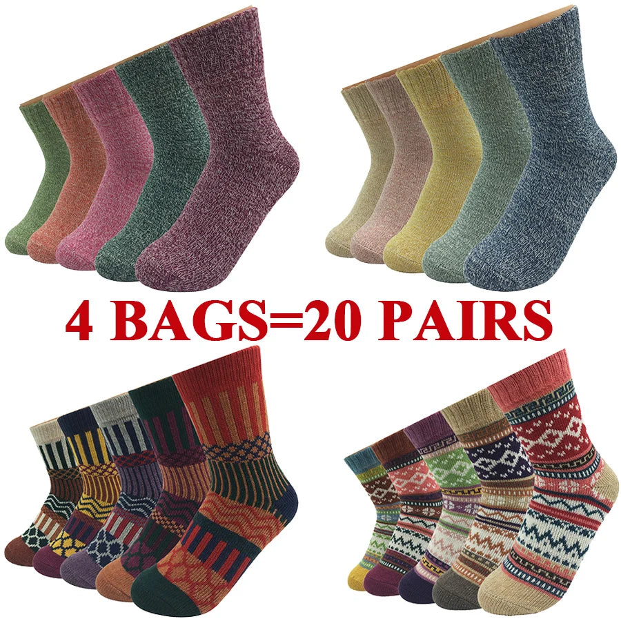 5 Pairs/Lot Wool Socks Women Winter Japanese Harajuku  Bohemian Cashmere Warm Colorful Socks Ladies Girl Christmas Gift 5 Styles-belleandkai.com