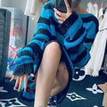 New Autumn Punk Gothic Long Unisex Sweater Women Striped Cool Hollow Out Hole Broken Jumper Loose Rock Thin Dark Streetwear Top-belleandkai.com