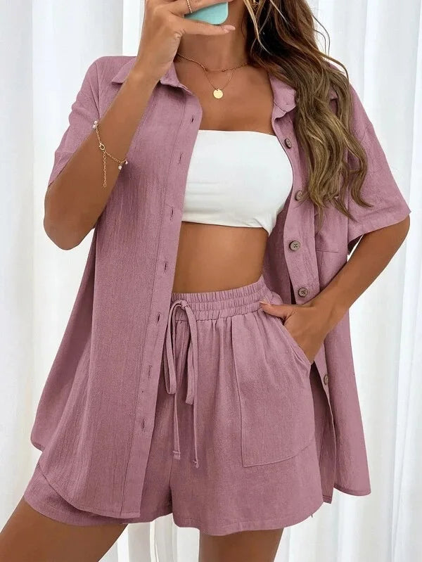Long Sleeve Single breasted Top Broad legged Shorts Set Fashion Ladies Sexy Solid Suits 2024 Summer 2 Piece Outfits For Women-belleandkai.com