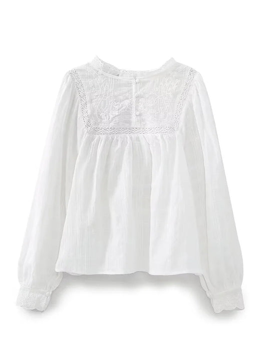 Willshela Women Fashion Embroidery White Hollow Out Blouse Vintage O-Neck Long Sleeves Female Chic Lady Shirts-belleandkai.com