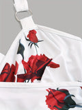 2024 spring and summer Europe and the United States new women's rose print pleated suspenders butterfly lace cross vest.-belleandkai.com