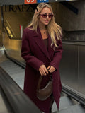 TRAFZA Women Fashion Burgundy Woolen Coat Double Breasted Long Sleeve Lapel Blends Jacket Autumn Winter High Street Outerwear-belleandkai.com