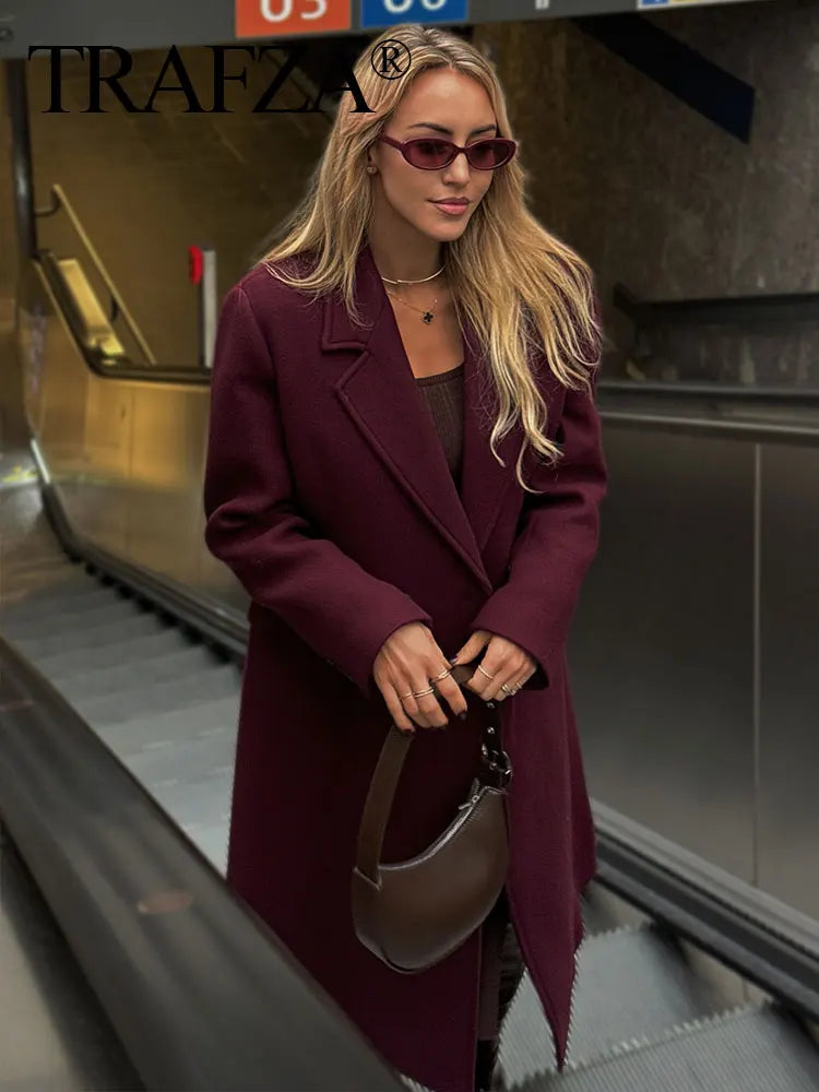 TRAFZA Women Fashion Burgundy Woolen Coat Double Breasted Long Sleeve Lapel Blends Jacket Autumn Winter High Street Outerwear-belleandkai.com