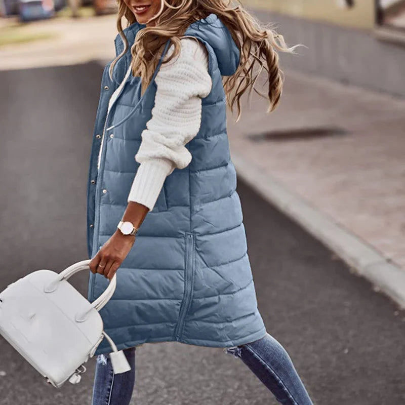 Long with Hood Outdoor Vest Down Women's Jacket Quilted Coat Sleeveless Jacket Winter Light Weight Sweaters-belleandkai.com