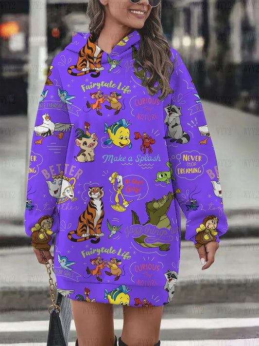 Women's hooded pullover sweatshirt fashion loose autumn and winter hoodie Disney chic retro print long-sleeved dress-belleandkai.com