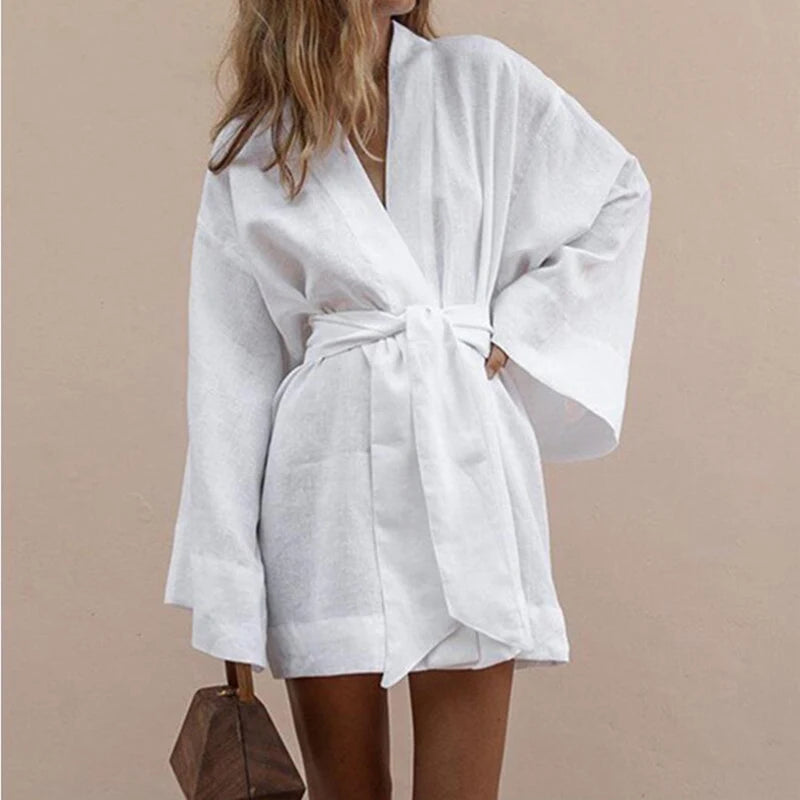 Women's Elegant Solid Robe Long Sleeve Front Belt Breathable Fabric For Casual And Formal Occasions Bathrobe Simple Style Kimono-belleandkai.com