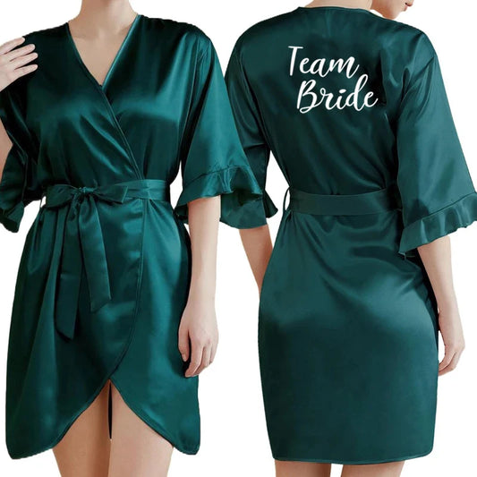 Dark Green Satin Team Bride Bridesmaid Robe Ruffle Wedding Bathrobe Gown Women Dressing Sleepwear Mother Maid of Honor Kimono-belleandkai.com
